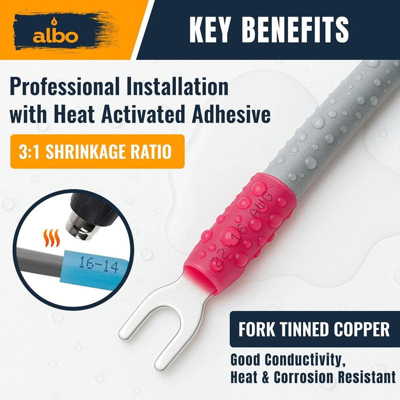 ALBO 200PCS Red Heat Shrink Fork Spade Connectors #10 – 22-16 AWG Tinned Copper Terminals, Waterproof Wire Crimp Kit for Automotive, Marine, Speaker & Electrical Wiring - Image 4